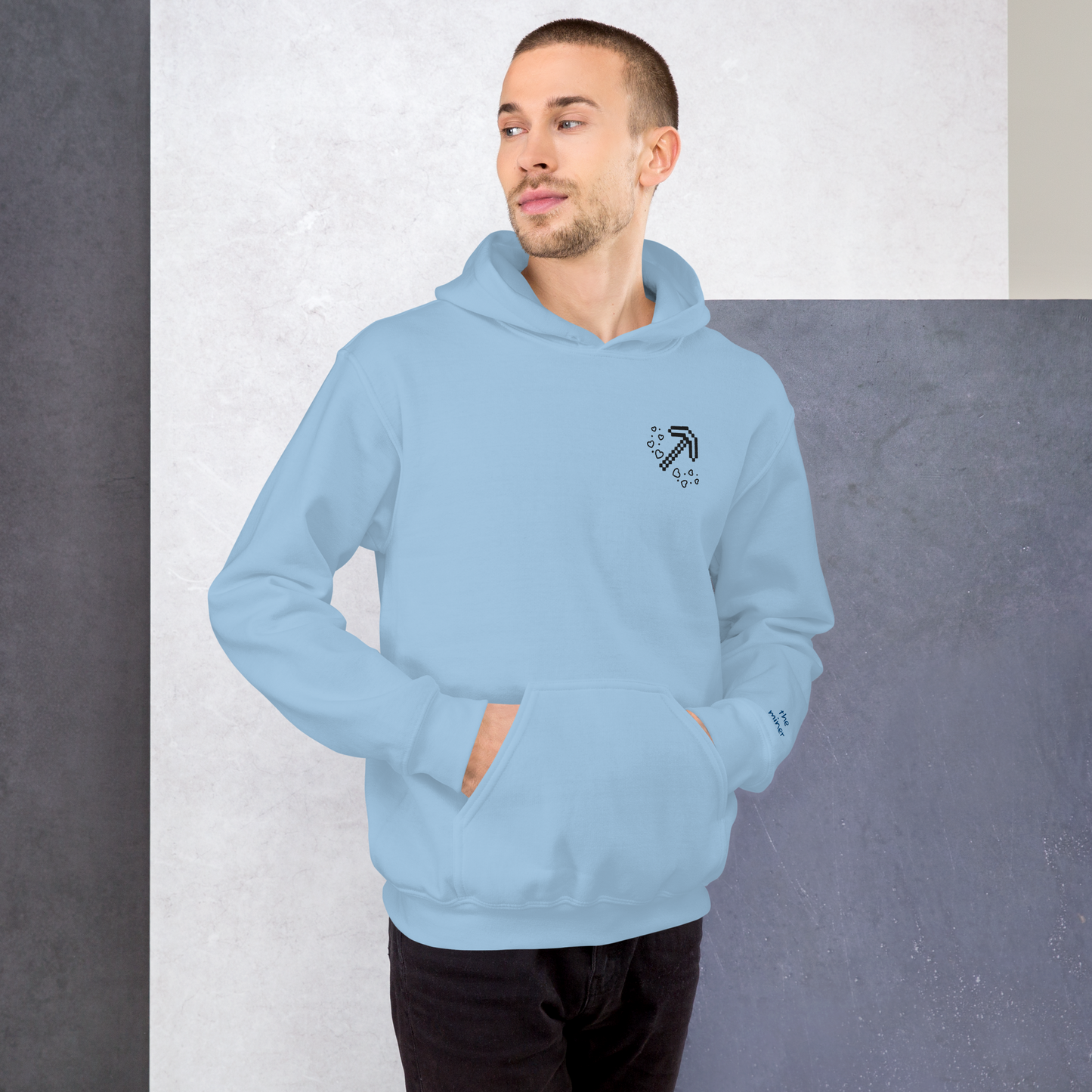 Miner blue hoodie front facing on model